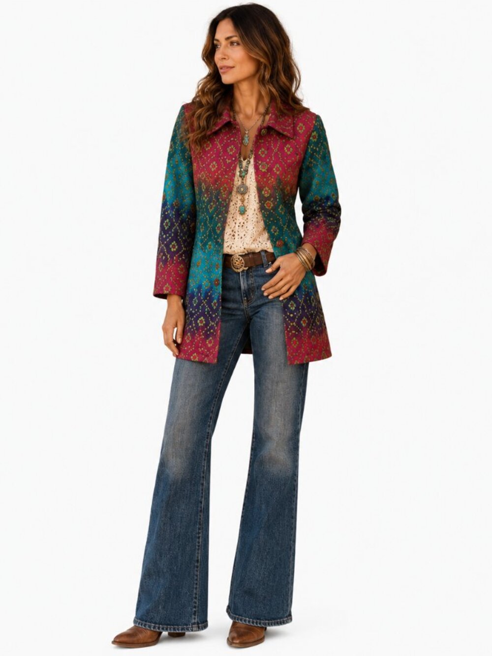 Gaudy Couture Art Coat Womens M Colorful Sequin Boho 3/4 Sleeve Jacket